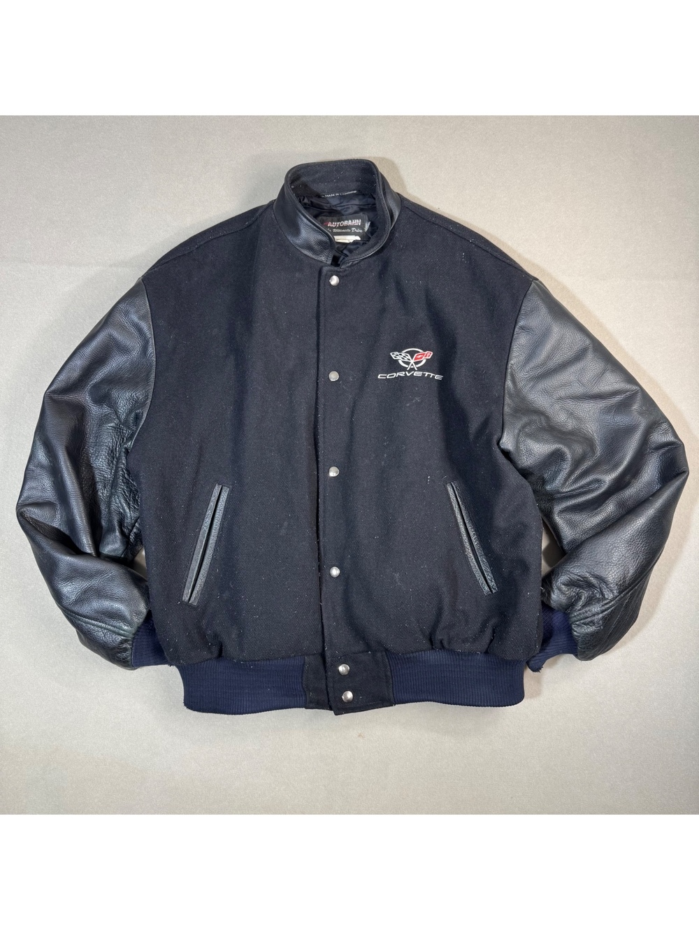 Vintage Autobahn Corvette Varsity Jacket Wool Leather Sleeves Men's Black